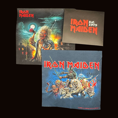 Iron Maiden Cleaning Cloth 2-Pack - both printed microfibre cloths shown with the branded Iron Maiden Est. 1975 envelope