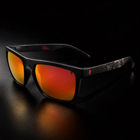 Iron Maiden Eddie Montage Sunglasses - front three-quarter, red chrome lens