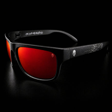 Iron Maiden Madness sunglasses, red chrome mirror lens, front three-quarter view with Eddie skull temple artwork