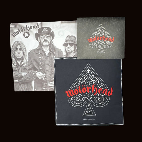 Motörhead Cleaning Cloth 2-Pack - both printed microfibre cloths shown with the branded Motörhead Ace of Spades envelope